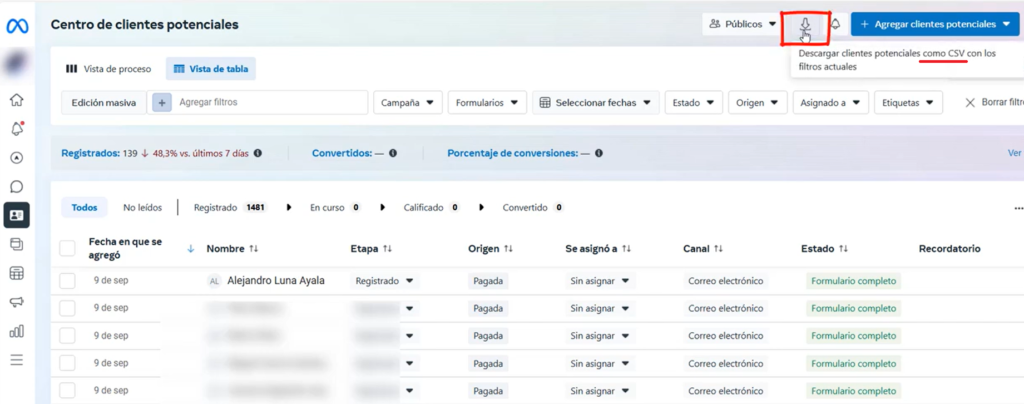 descargar leads en el centro de clientes potenciales en formato CSV
