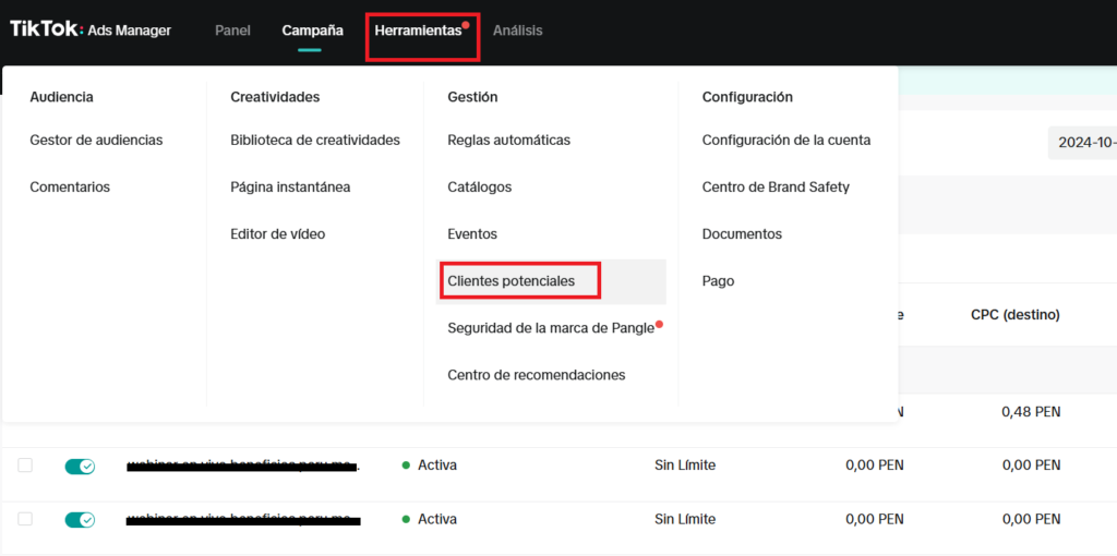 Tiktok ads manager seccion herramientas