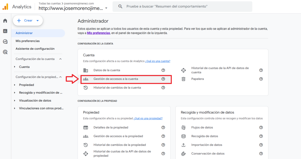 gestion de accesos a la cuenta google analytics